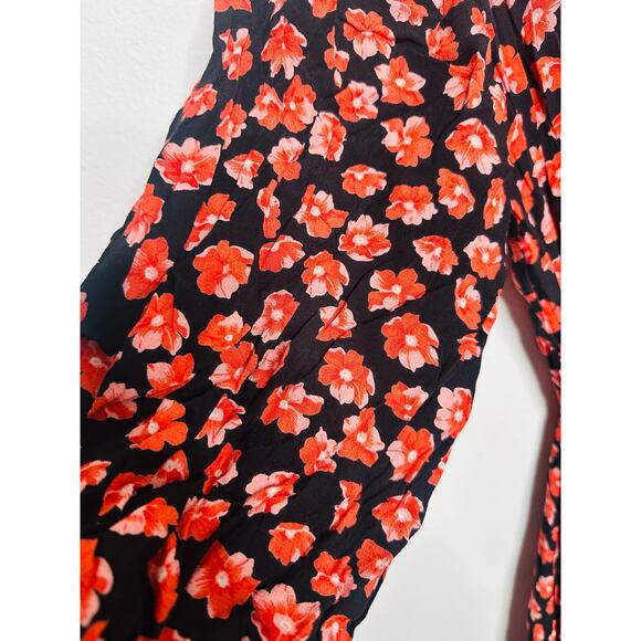 GANNI Red Black Floral Wrap Puff Sleeves V-Neckline Midi Dress size 36 - Picture 16 of 16